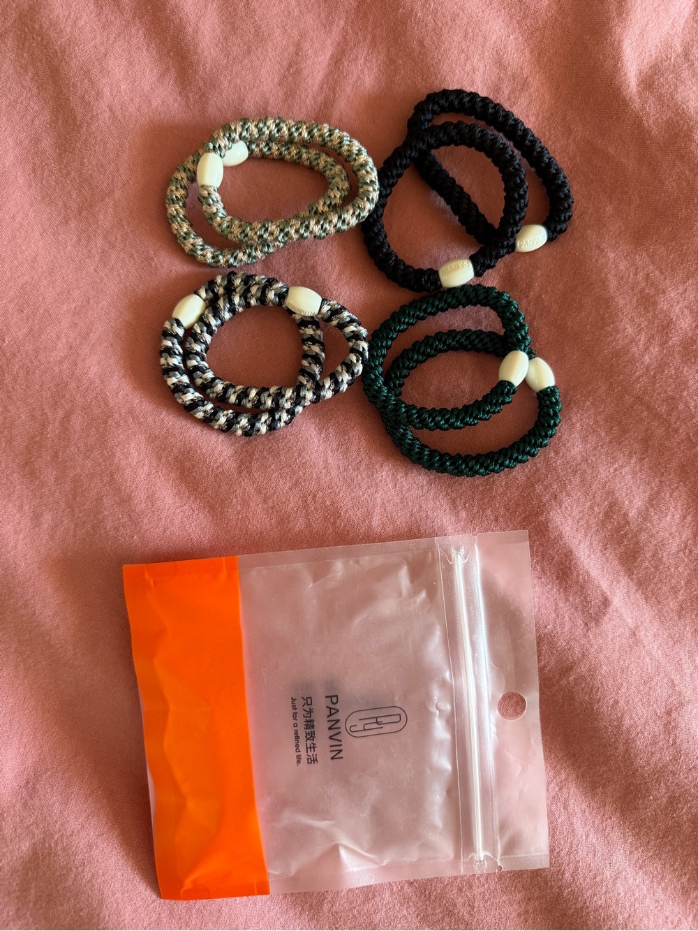Braided Elastic Hair Ties - Black, Green, Beige, Black/White (total 8)